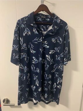 Bad Birdie Navy Blue Floral-Print Short Sleeve Polo A16